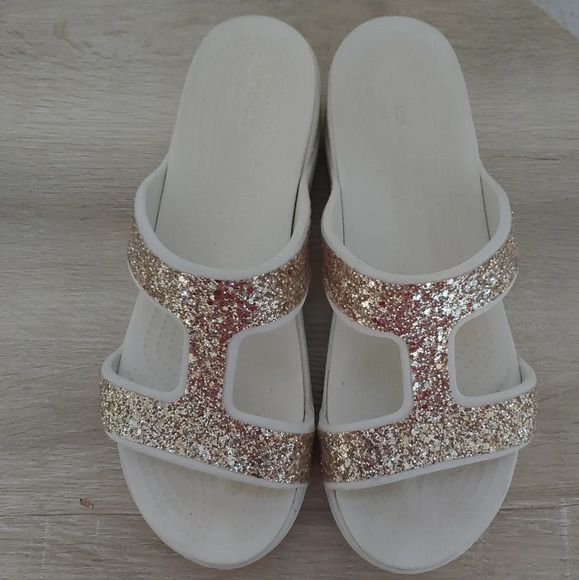 CROCS Monterey Glitters Slip On Wedge Women 11 Ivory White Wedding Sandals EUC - Picture 1 of 6